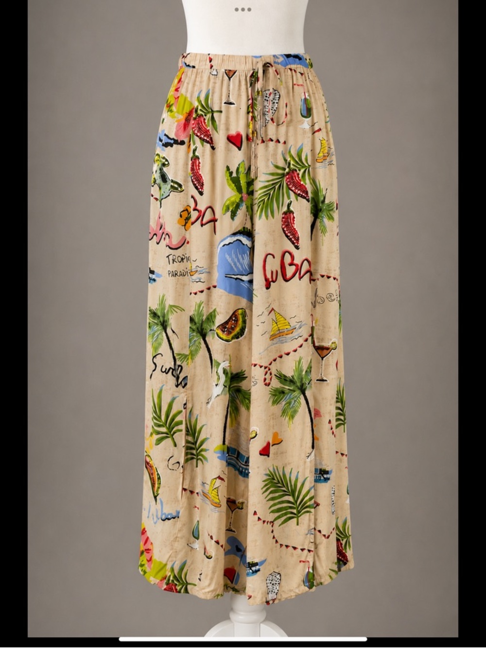 True Destination Tropical Cuba Print Rayon Resort Pants Wide Slit Leg Elastic XL